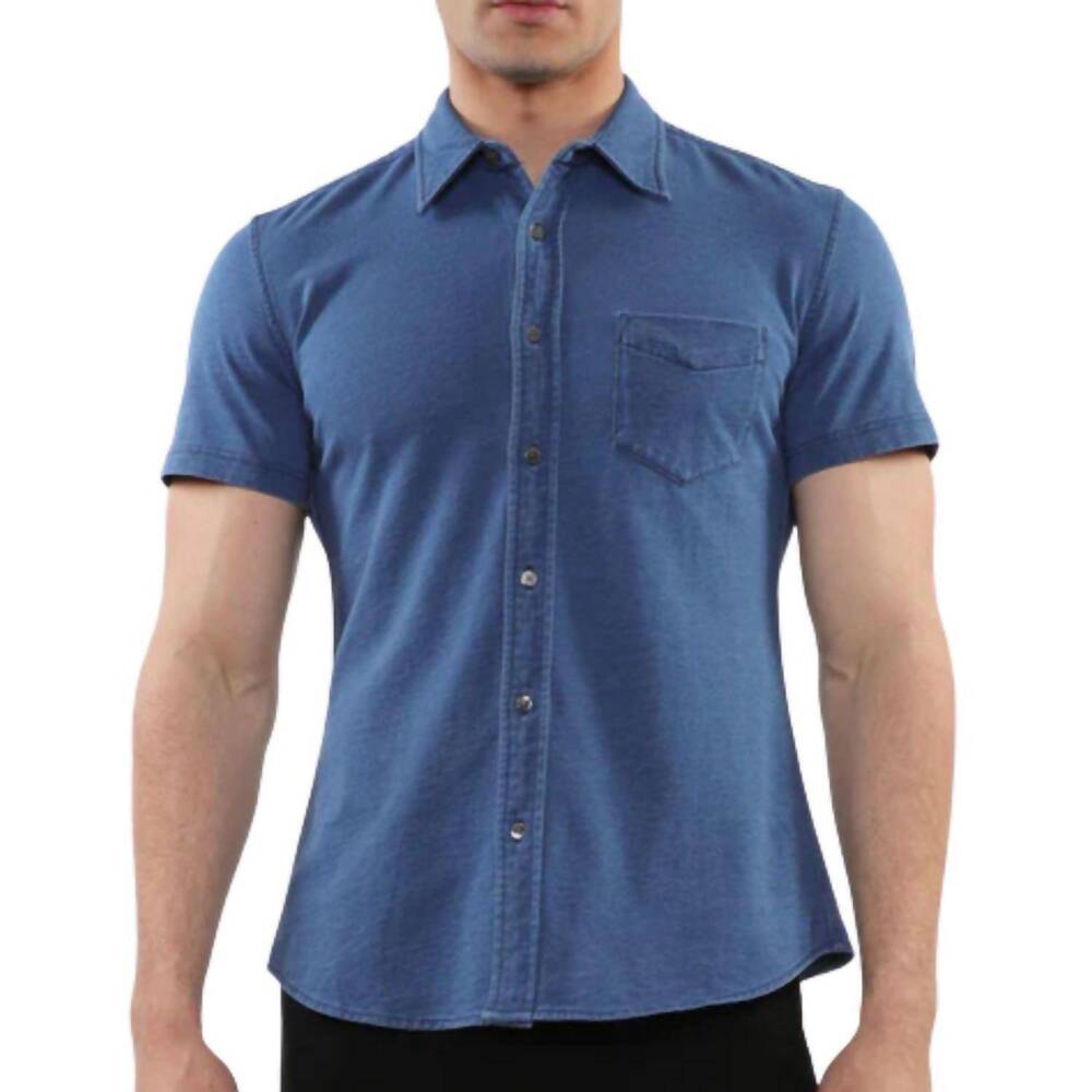 NEW POSTMARC men's stretch knit denim short sleeve shirt in vintage blue